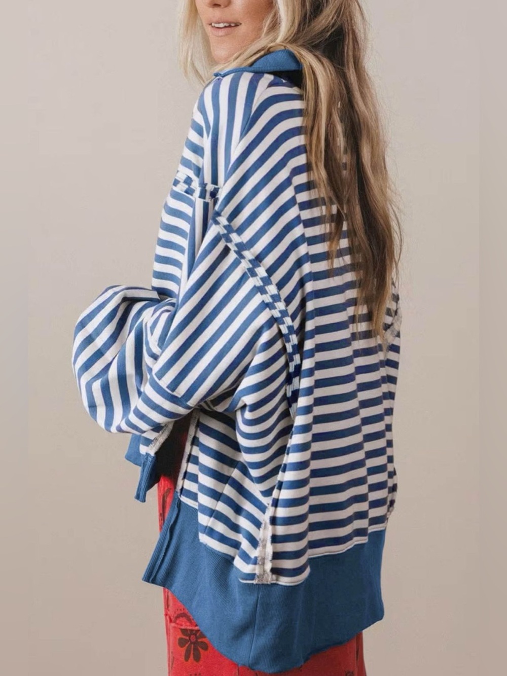 Stripe Color Block Trim Raw Seam Split Hem Loose Sweatshirt - Picture 6 of 16